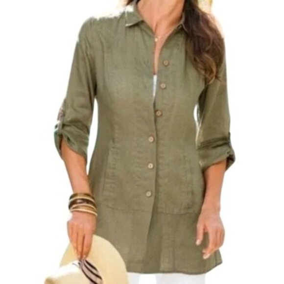 Soft Surroundings Womens S Island Breeze Lagenlook‎ Turquoise Linen Top - Picture 2 of 12